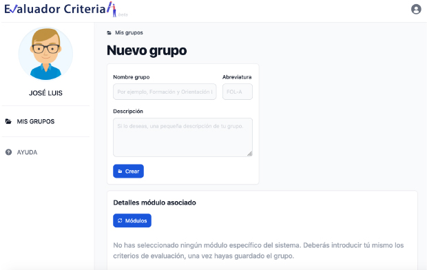 Formulario creación de grupo